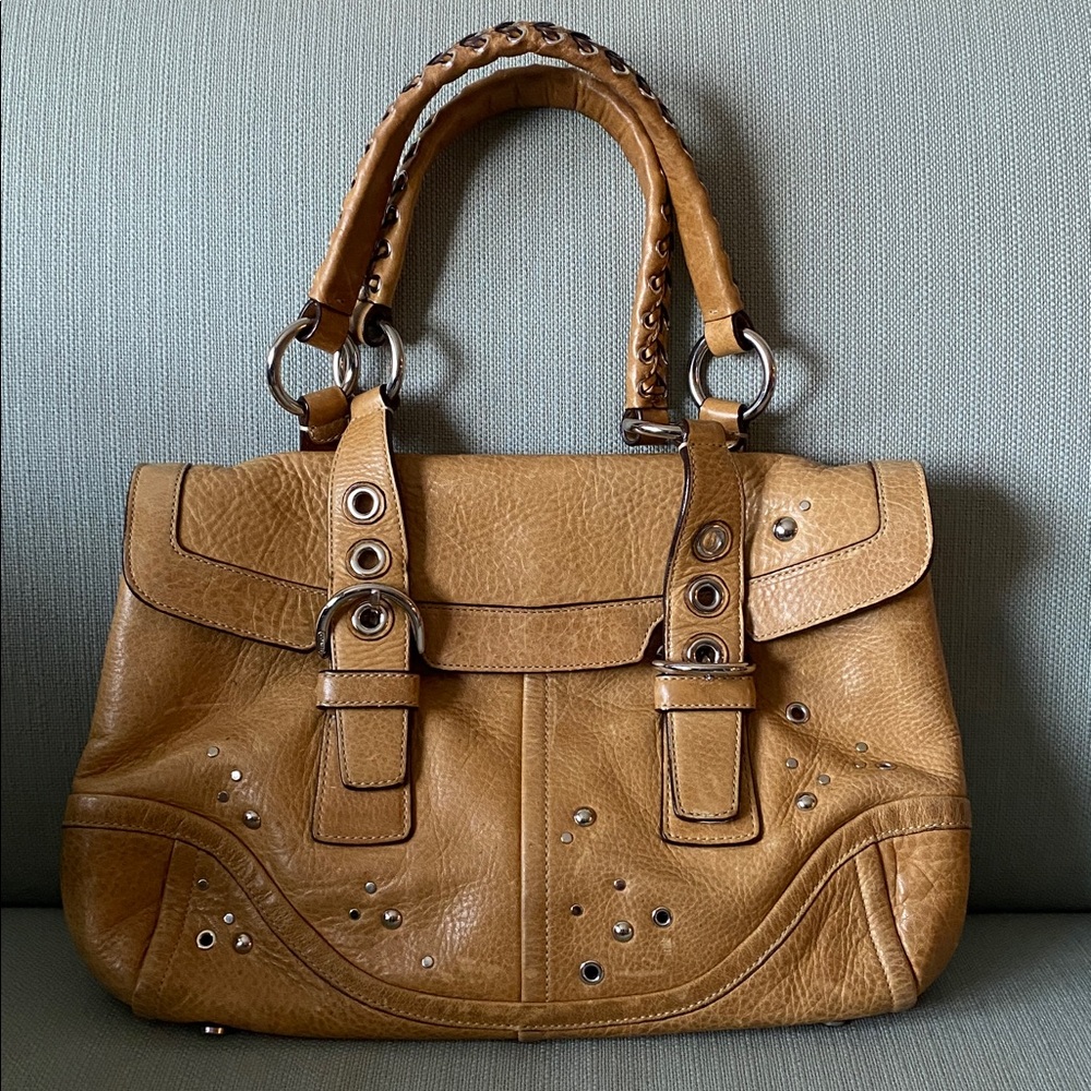 Vintage Y2K COACH Hampton Satchel Camel Tan Leather Studded Shoulder Bag.
